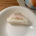 Cream cloud hair claw clip with pink floral plaid ribbon for sweet hairstyle - Off-White Floral Cloud