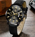 Business style black leather quartz watch for men with gold Roman numerals and date display - Black Strap Black Case Gold Hands