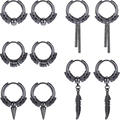 5-pair set of vintage black stainless steel hoop earrings with dragon head and feather charms - Gun Black Dragon Head Taper Feather Combination (36046)