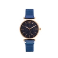 Women's quartz watch with blue Milanese strap and rose gold leaf-patterned dial - Blue