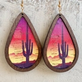 Teardrop wood frame earrings with cactus desert sunset print on wooden background - Cactus Sunset
