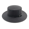 Classic black straw boater hat with stylish leather belt buckle for summer beach sun protection - M(56-58cm) / Black