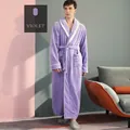 Men's long flannel bathrobe in light violet featuring contrast white piping and belt - Light Purple [Male]