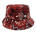 Gedetailleerd bovenaanzicht van een boho vissershoed met rode vintage barokke totemprints - M (56-58cm) / Roodbruin
