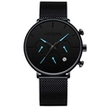 Macro detail of Geneva quartz watch with black mesh band and blue luminous hands - Black Mesh Strap / Blue Hands