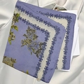 Elegant lavender floral satin square scarf with vintage blue border and silky finish - Blue Square Scarf With White Flowers / 65