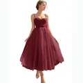 Elegant burgundy mesh tulle spaghetti strap dress with a layered A-line silhouette - US size 2 (S) / Bottoms / Burgundy