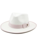 Elegant white wool felt fedora hat with a pink grosgrain ribbon and golden metal buckle - M (56-58cm) / Pink Strap Style / White