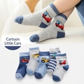 Five pairs of breathable cotton crew socks for toddler boys with cartoon car patterns - Flat-screen Cartoon Cars / 3-5 Years (Feet length 13-15cm)