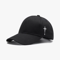 Black cotton baseball cap featuring side white cross embroidery and curved brim - Black
