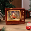 Vue détaillée du téléviseur de Noël rétro avec le Père Noël et des paillettes - Père Noël au bureau / Rouge