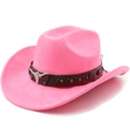 Detail of pink faux suede cowboy hat with brown leather band and silver bull head decor - M (56-58cm) / Magenta