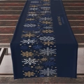 Dark blue linen Christmas table runner with golden snowflakes and holiday greetings - 33*183cm / ZQ04-16 (Dark Blue Gold Snow)
