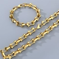 Golden hip hop stainless steel bamboo hollow link necklace and bracelet set jewelry - 12mm Gold