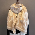 Classic beige camellia jacquard cashmere scarf with fringed edges on wooden mannequin - New Camellia-Khaki