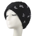 Black beanie featuring silver butterfly embroidery and trendy distressed knit texture - Adult / Black
