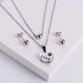 Silver-tone double layer necklace with love heart pendant and matching stud earrings set - Silver Earrings + Pendant Set / Silver