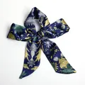 Dark blue satin ribbon scarf with tropical floral pattern tied in a bow - S63-Dark Blue Tropical Floral