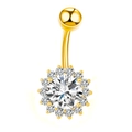 Close-up of a golden sunflower navel ring with round zircon inlay and polished metal finish - Gold Sun Flower-JE0054