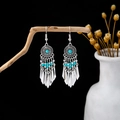 Bohemian silver drop earrings featuring blue turquoise beads and vintage metal tassels - E5223-4/Disc Conical Tassel Silver Blue