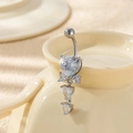Silver belly button ring with sparkling zircon heart-shaped pendants and bow tie design - Heart Tassel (2#-Silver)