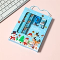 Detailansicht eines 6-teiligen blauen Weihnachts-Schreibset mit Lineal, Bleistift und Notizblock - Blau