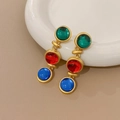 Vintage gold earrings with green red and blue stones on white ceramic plate - 11# Silver Pin-Multicolor Round