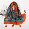 Ethnic style orange voile scarf with turquoise floral prints and fringe tassels - 180*90CM / Orange Geometric Style (XB880)