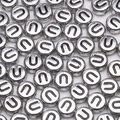 Flat round 4x7mm acrylic letter U bead in metallic silver with black font for DIY jewelry - Letter U