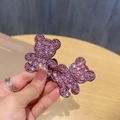Detail of pink rhinestone bear hair clips showing shiny texture and cute aesthetic design - One Pair / Purple