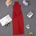 Detail of red halter neck dress featuring ruched waist and high slit design - S / Burgundy