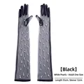 Elegant black mesh long bridal gloves with white pearl beads, length 55cm adult size - Black (Full Finger With Pearls)