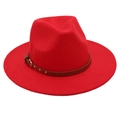 Close-up of a red wool fedora featuring a brown leather belt strap and metal buckle detail - One Size (57cm) / Red (3 Studs)
