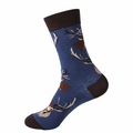 Navy blue mid-tube socks featuring reindeer jacquard patterns and brown toe stitching - One Size / Elk / Navy Blue