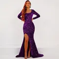 Elegant deep purple sequin evening gown with long sleeves and high slit mermaid cut - US size 2 (S) / Top And Bottom / Grape Purple