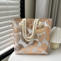 White linen canvas tote bag featuring golden monstera leaf prints and rope handles - Gold Monstera Leaf
