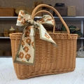 Rectangular woven picnic basket with double handles and orange flower silk scarf bow - CL10 Brown Vegetable Basket With Silk Scarf