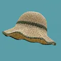 Beige straw sun hat with dark green stripe and wide brim for sun protection - M (56-58cm) / Double Circle Contrast / Green