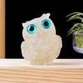 Handcrafted owl resin ornament with natural yellow-white quartz stones and gold leaf - White Opal