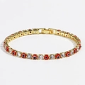 Detail of gold tennis bracelet with red evil eye charms and sparkling zircon stones - Red Gold