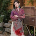 Ethnic style shawl scarf with vintage patterns and fringes in deep red and blue colors - Purplish Red Paisley Ethnic Shawl