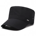 Men's black flat top military cap with breathable mesh sides and fashion metal plate - Adjustable / Black