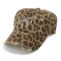 Detail of leopard print baseball cap featuring rhinestone bow and distressed frayed edges - M (56-58cm) / Brown
