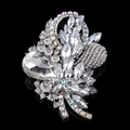 Baroque style silver floral brooch with large pear-shaped crystal and rhinestone petals - Style 8 (Silver Clear Pear Rhinestone)