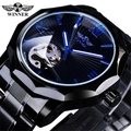 Winner men's skeleton automatic watch with black stainless steel and blue dial - Black Case Black Dial Stainless Steel Band / Black