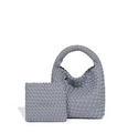 Grey-blue woven hobo bag and matching pouch set with intricate leather braiding detail - Light Gray