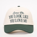 Two-tone cotton baseball cap with YOU LOOK LIKE YOU LOVE ME embroidery in beige and green - One Size / Cream/Dark Green