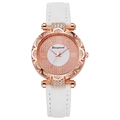 Detail of rose gold quartz watch featuring Roman numerals and sparkling rhinestone bezel - White
