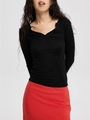 Detail of slim fit black long sleeve knit top featuring a stylish small slit V-neckline - XS / Black