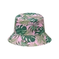 Close-up of tropical monstera leaf print on a pink summer bucket hat for beach style - Pink Tropical Leaves (1)